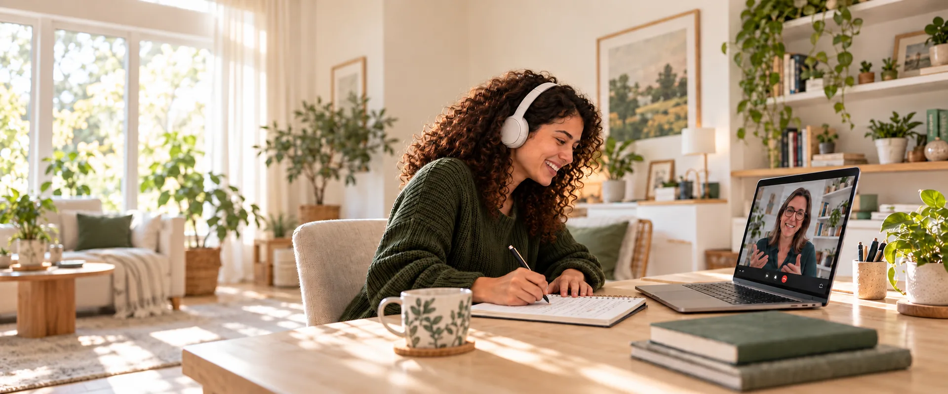 A smiling curly-haired learner on a video call with her English teacher
